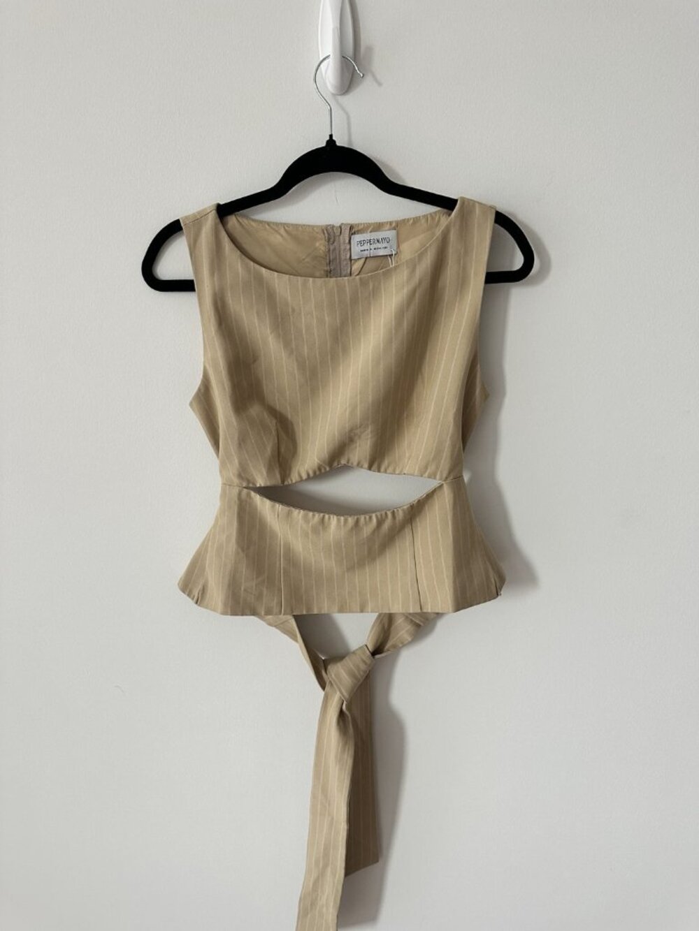 Peppermayo Tan Pinstripe Cutout Peplum Top, Size M